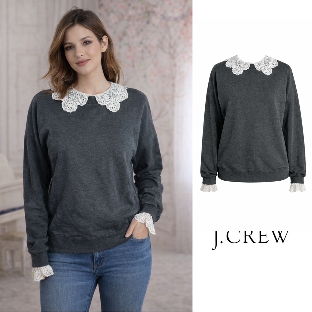 NEW J. Crew Navy Sweater with Lace Collar in gray
